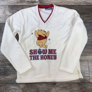 Vintage Winnie the Pooh Sweatshirt Womens Small White V‎ Neck Honey Bees Preppy